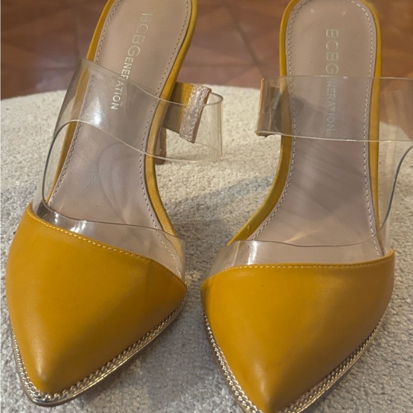 BCBGeneration Mustard Yellow Heels with Clear Straps - Picture 1 of 7